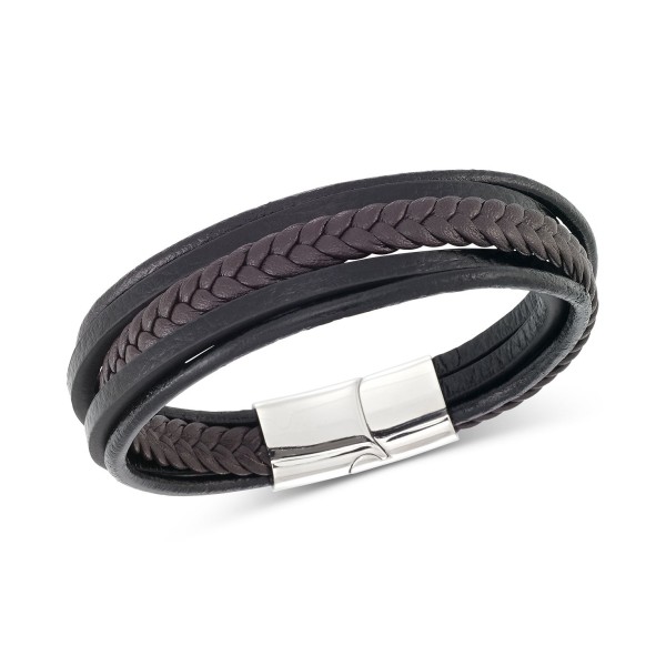 Men's Black & Brown Multi-Row Leather Bracelet in Stainless Steel