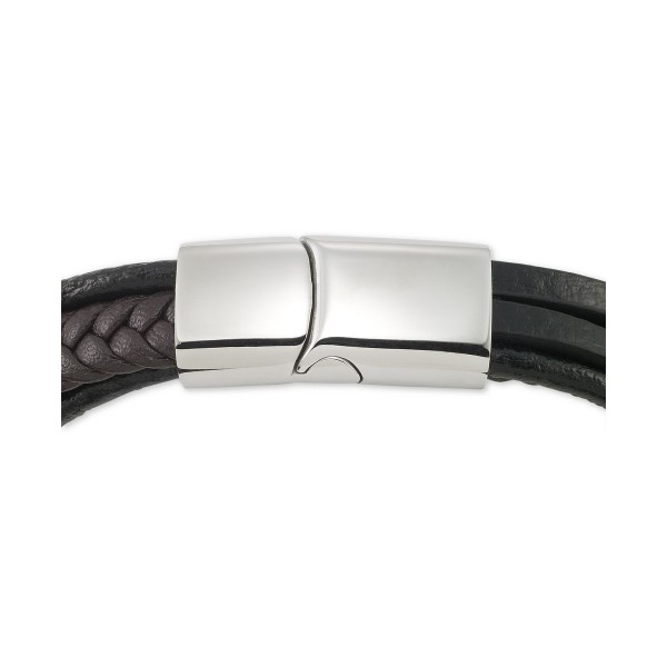 Men's Black & Brown Multi-Row Leather Bracelet in Stainless Steel