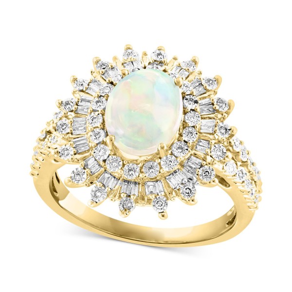 Opal (1 ct) & Diamond (1/4 ct) Starburst Halo Ring in 14k Gold