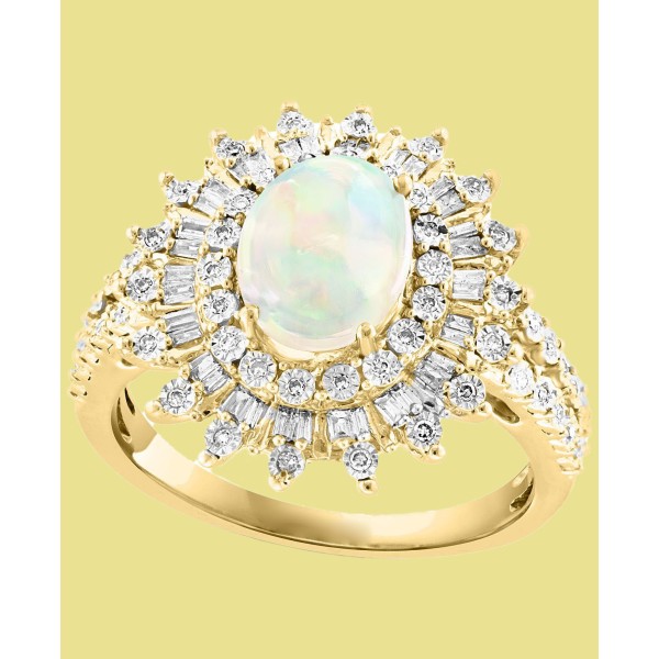 Opal (1 ct) & Diamond (1/4 ct) Starburst Halo Ring in 14k Gold