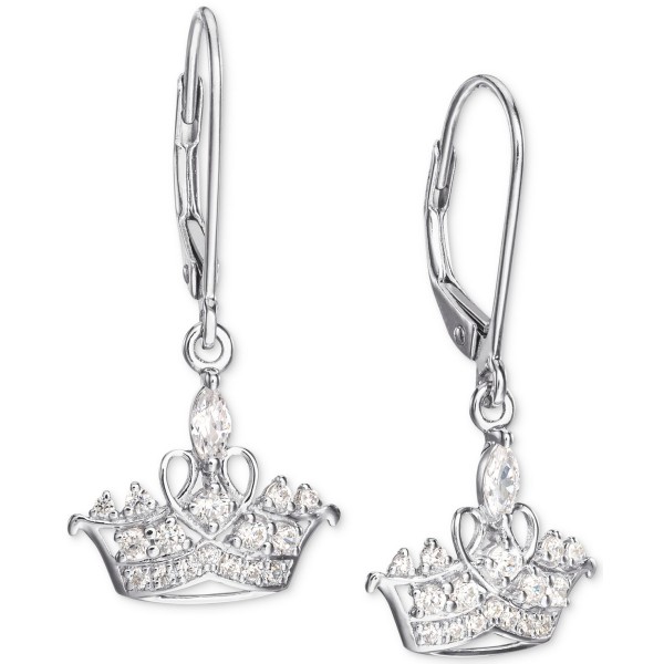 Cubic Zirconia Princess Tiara Drop Earrings in Sterling Silver