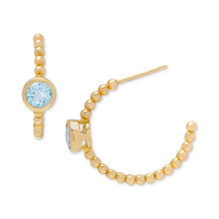 Small Blue Topaz (1-1/8 ct) Bezel Granulated Open Hoop Earrings, 0.77 Small Blue Topaz (1-...