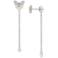 Cubic Zirconia Butterfly Chain Front & Back Earrings in Sterling Silver & Gold-Plate Cubic Zirconia Butte...