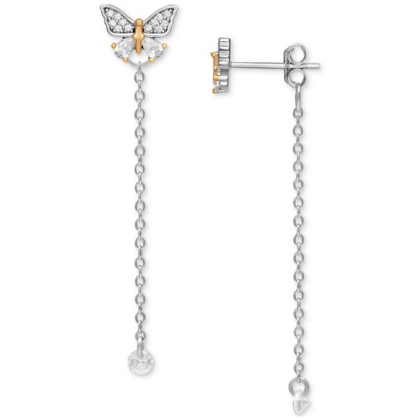 Cubic Zirconia Butterfly Chain Front & Back Earrings in Sterling Silver & Gold-Plate