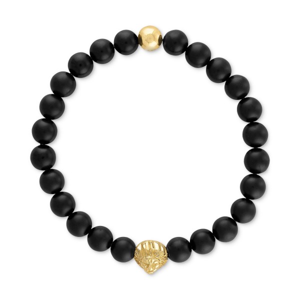 Onyx & Lion Bead Stretch Bracelet in 14k Gold-Plated Sterling Silver