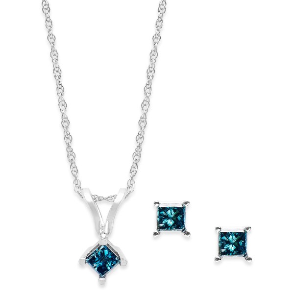 10k White Gold Blue Diamond Necklace and Earring Set (1/4 ct)