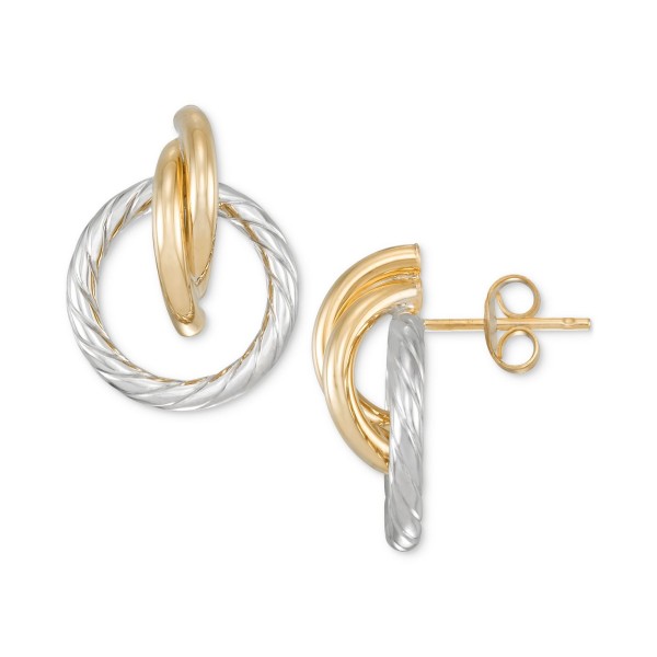 Rope Textured Circle Doorknocker Drop Earrings in 14k Two-Tone Gold