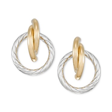 Rope Textured Circle Doorknocker Drop Earrings in 14k Two-Tone Gold Rope Textured Circle...