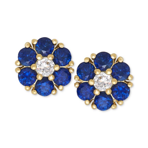 Sapphire (1-1/5 ct) and White Sapphire (1/6 ct) Flower Stud Earrings in 14k Gold