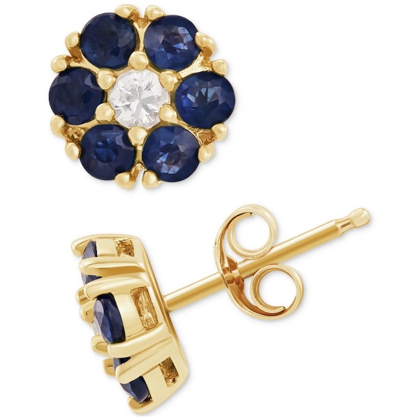 Sapphire (1-1/5 ct) and White Sapphire (1/6 ct) Flower Stud Earrings in 14k Gold