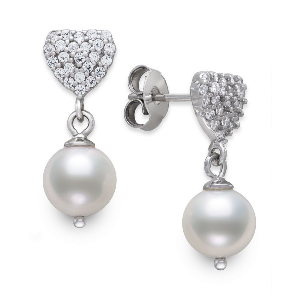 Freshwater Pearl (7-8mm) & Cubic Zirconia Heart Drop Earrings in Sterling Silver