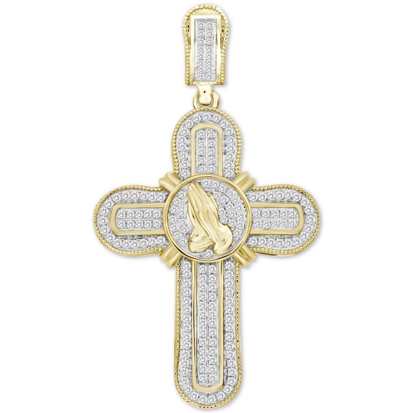 Men's Diamond Praying Hands Cross Pendant (1/2 ct) in 10k Gold