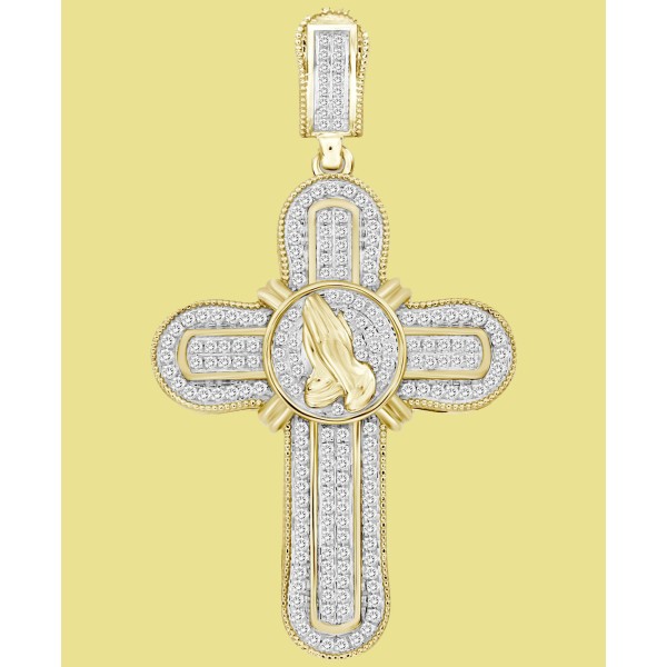 Men's Diamond Praying Hands Cross Pendant (1/2 ct) in 10k Gold